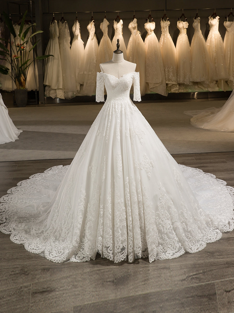 Robe de Mariée Trapèze/Princesse en Tulle à Épaules Dénudées et Manches Mi-Longues avec Appliques en Dentelle