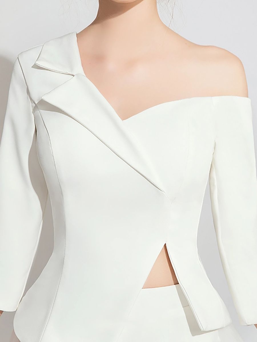 Costume de Mariage Élégant à Manches 3/4 et à Une Épaule en Tulle Blanc