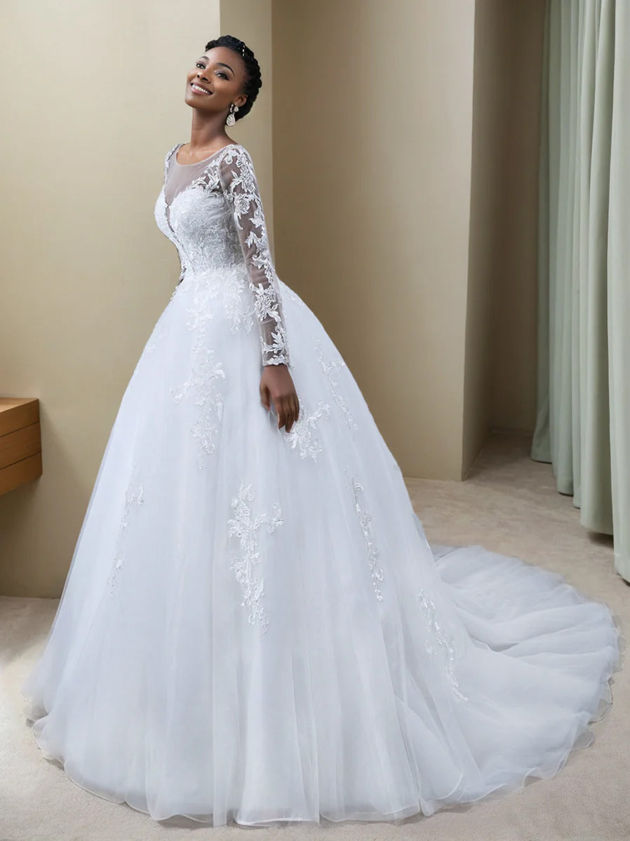 Robe de Mariée Trapèze/Princesse en Tulle à Col Transparent et Manches Longues avec Appliques en Dentelle