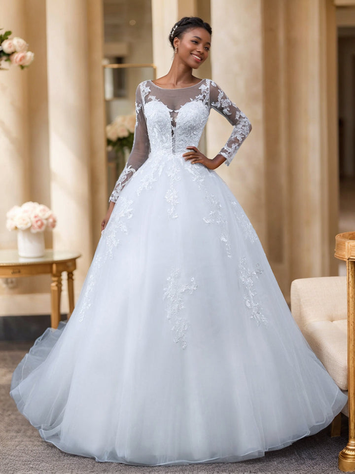 Robe de Mariée Trapèze/Princesse en Tulle à Col Transparent et Manches Longues avec Appliques en Dentelle