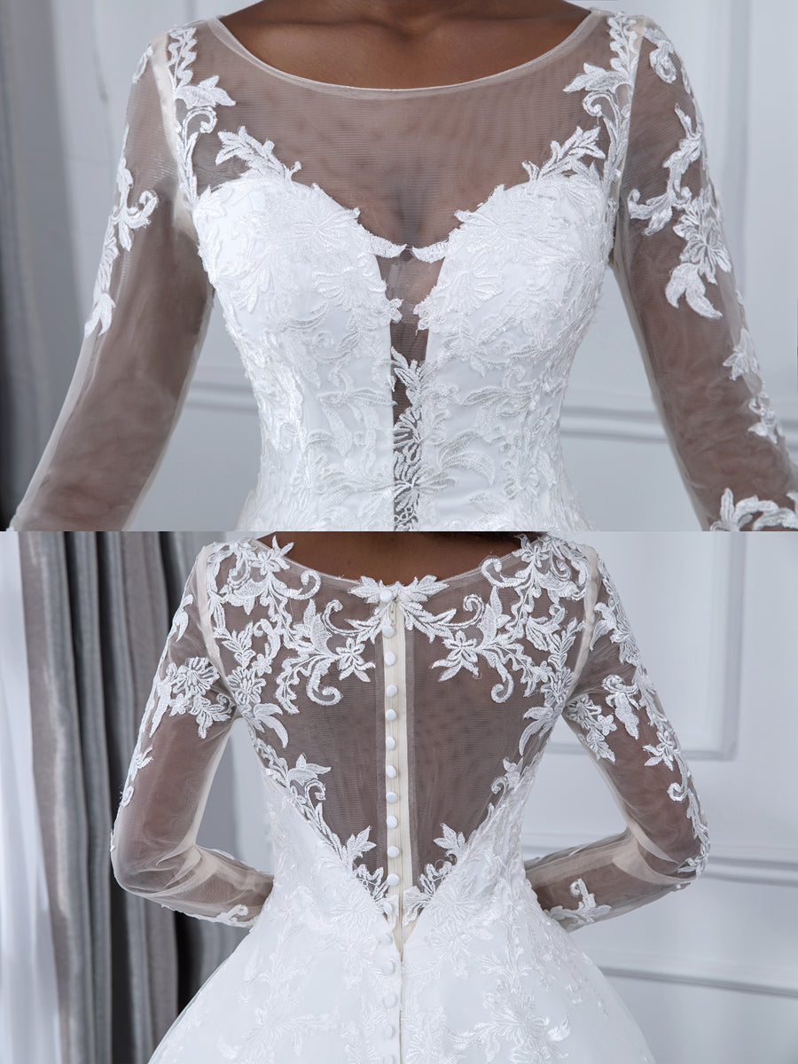 Robe de Mariée Trapèze/Princesse en Tulle à Col Transparent et Manches Longues avec Appliques en Dentelle