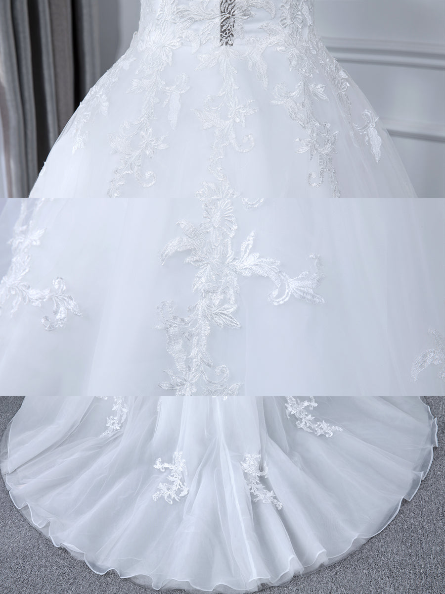 Robe de Mariée Trapèze/Princesse en Tulle à Col Transparent et Manches Longues avec Appliques en Dentelle