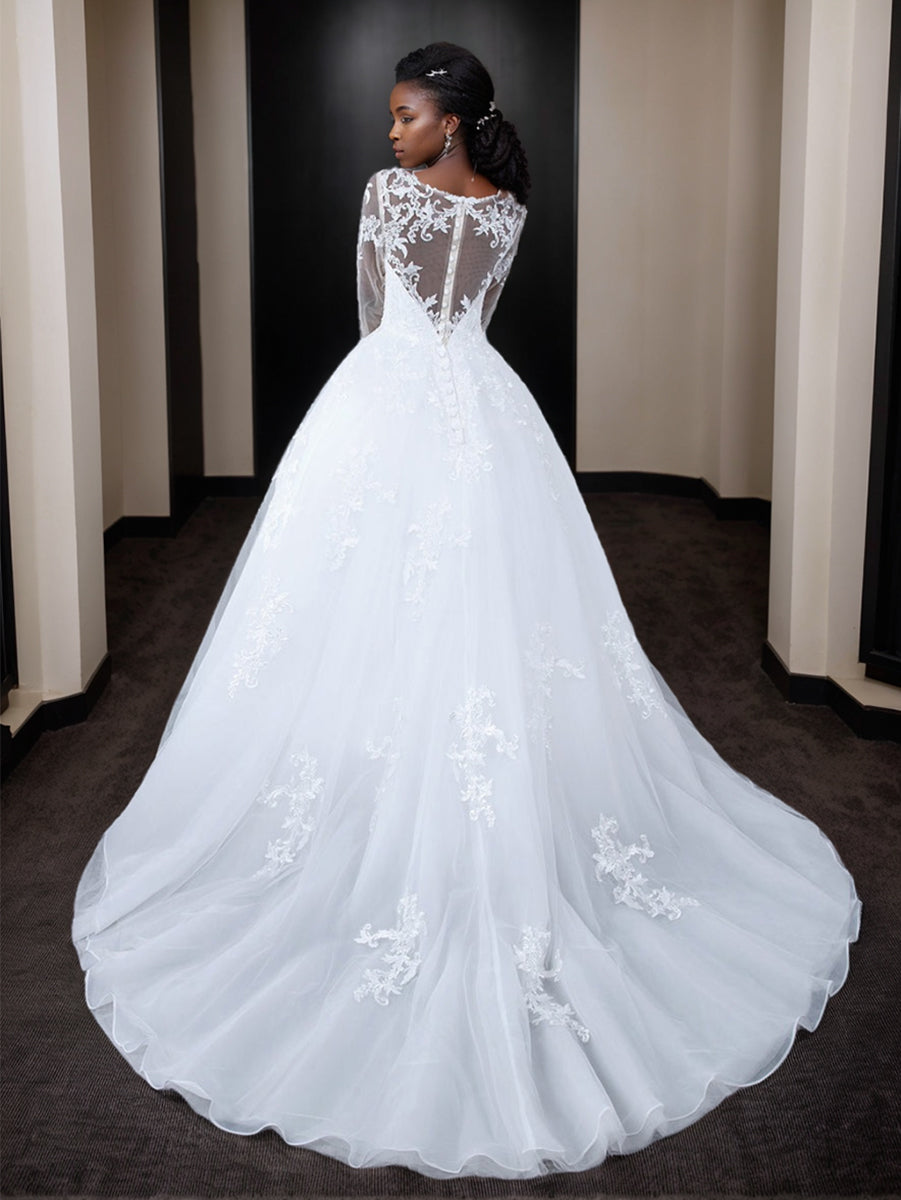 Robe de Mariée Trapèze/Princesse en Tulle à Col Transparent et Manches Longues avec Appliques en Dentelle