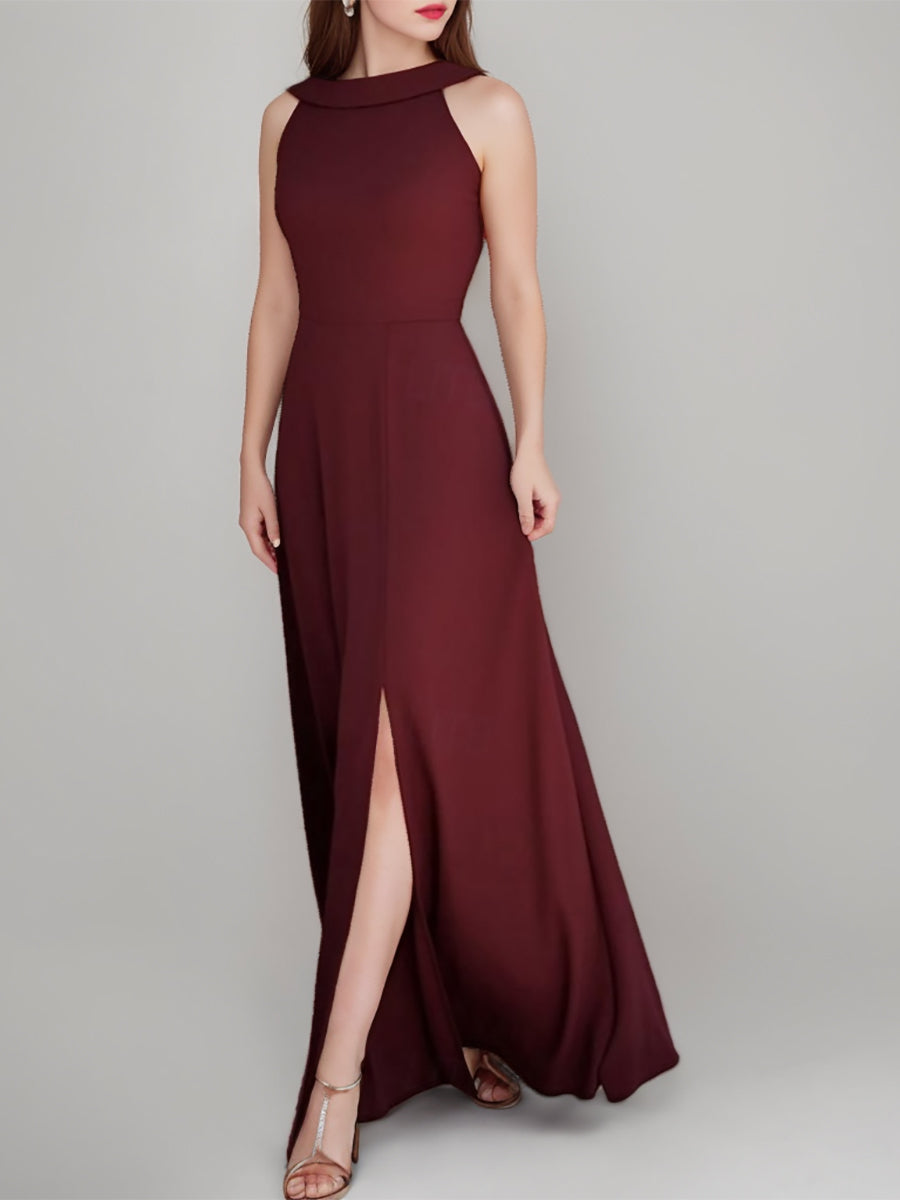 Ligne A/Princesse Collier Bijou Sans Manches La Longueur du Sol Wedding Guest Robe avec Côté Divisé