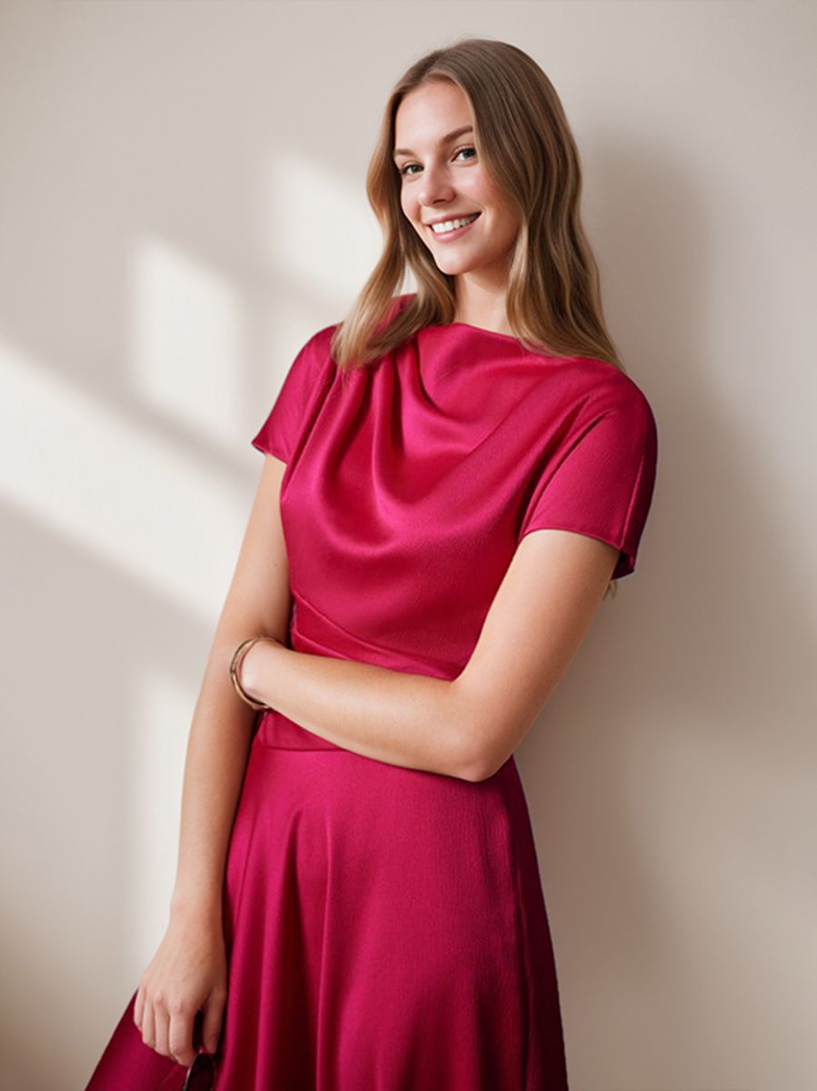 Ligne A/Princesse Scoop Neck Manches Courtes Longueur Genou Élégant Wedding Guest Robe avec Ruché