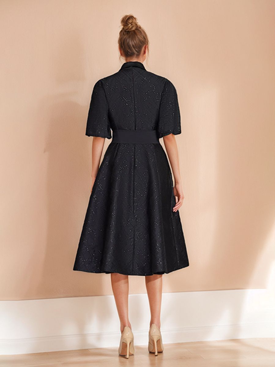 Ligne A/Princesse Shirt Collar Demi-manches Longueur Genou Chic Wedding Guest Robe avec Bow Ceinture