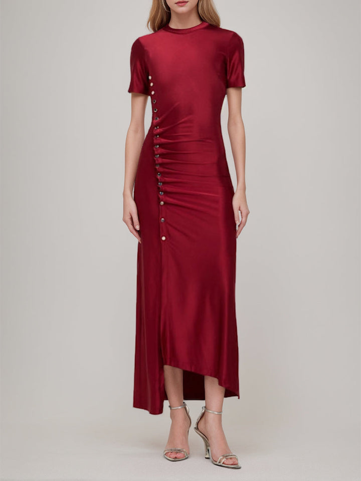 Gaine/Colonne Scoop Manches Courtes Asymétrique Wedding Guest Robe avec Bottons & Ruches