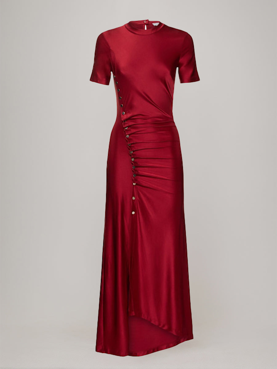 Gaine/Colonne Scoop Manches Courtes Asymétrique Wedding Guest Robe avec Bottons & Ruches