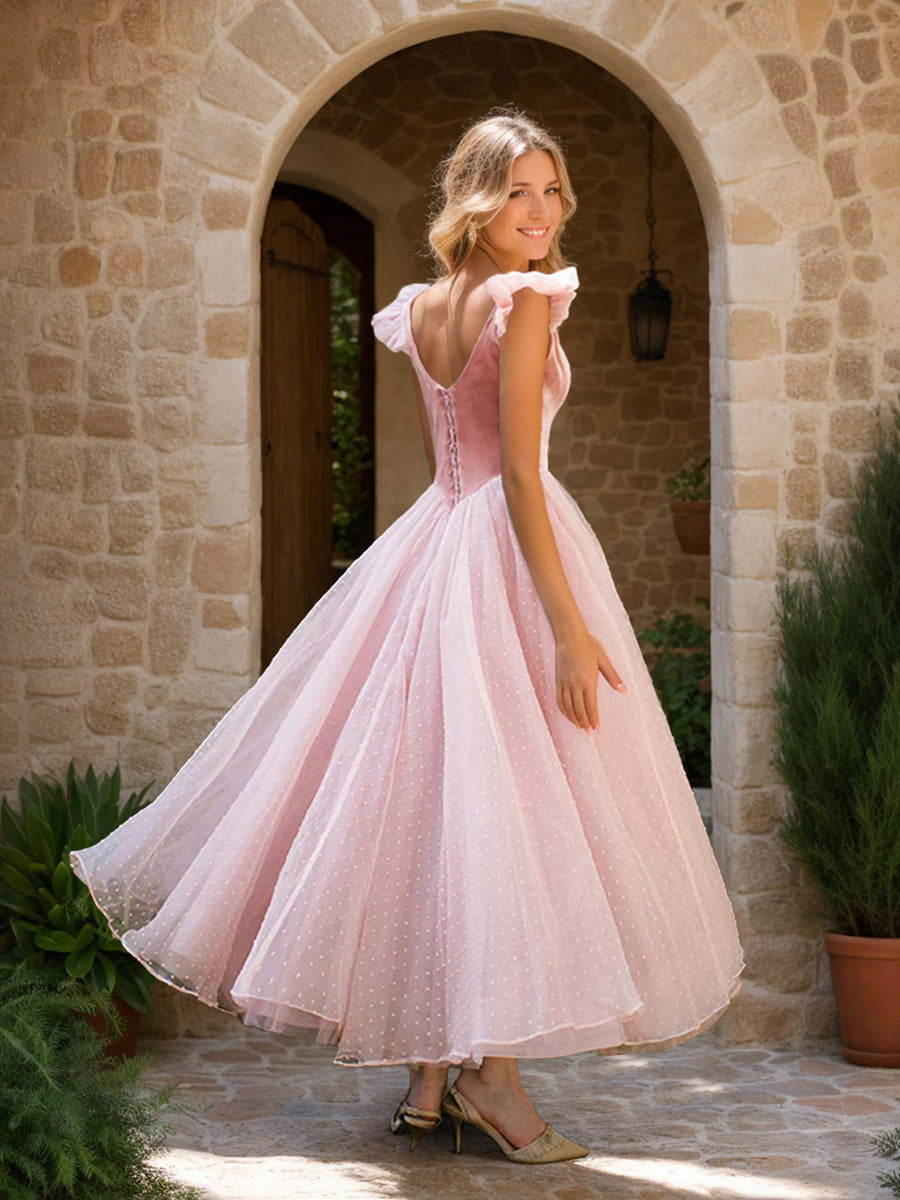 Ligne A/Princesse Col en U Sans Manches Luxurious Retro Wedding Guest Robe avec Froufrous & Dot