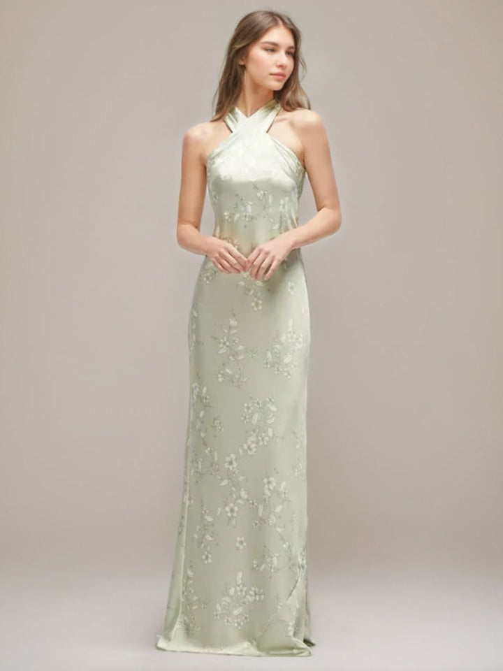 Gaine/Colonne Criss-cross Licou Ruché La Longueur du Sol Printed Floral Robes d'Invité de Mariage avec Self-tie Bow