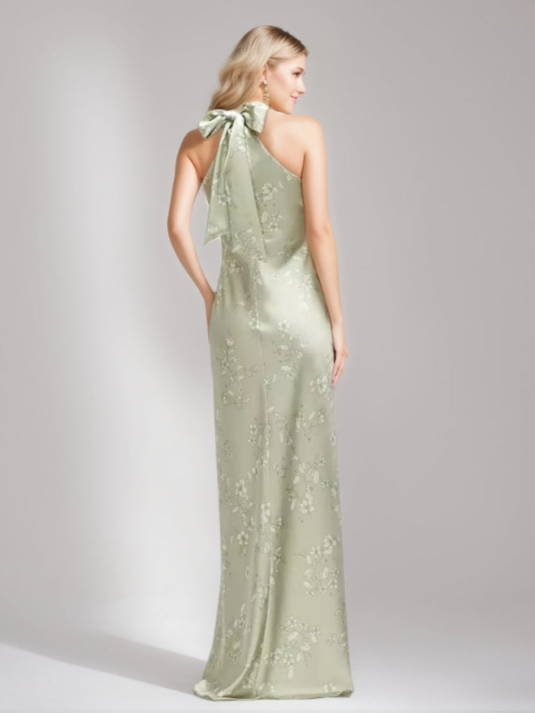 Gaine/Colonne Criss-cross Licou Ruché La Longueur du Sol Printed Floral Robes d'Invité de Mariage avec Self-tie Bow