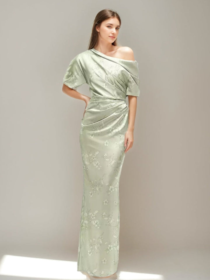 Gaine/Colonne Printed Floral Une Épaule Demi-manches Ruché Robes d'Invité de Mariage avec Slit