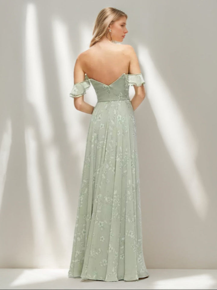 Gaine/Colonne La Longueur du Sol Ruché Printed Floral Robes d'Invité de Mariage avec Plis & Convertible Ébouriffer Les Bretelles