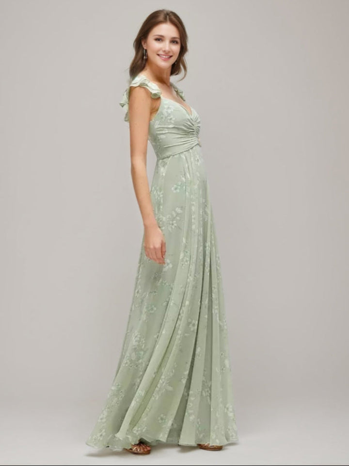 Gaine/Colonne La Longueur du Sol Ruché Printed Floral Robes d'Invité de Mariage avec Plis & Convertible Ébouriffer Les Bretelles