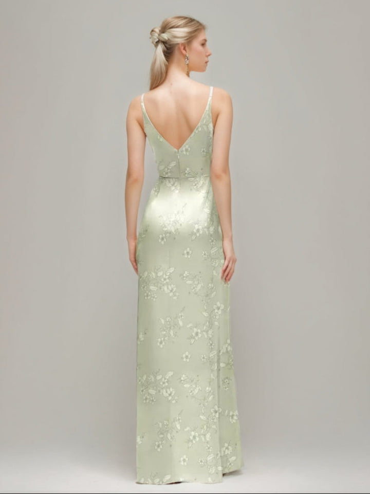 Gaine/Colonne Bretelles Spaghetti Col en V Ruché Printed Floral Robes d'Invité de Mariage avec High Slit