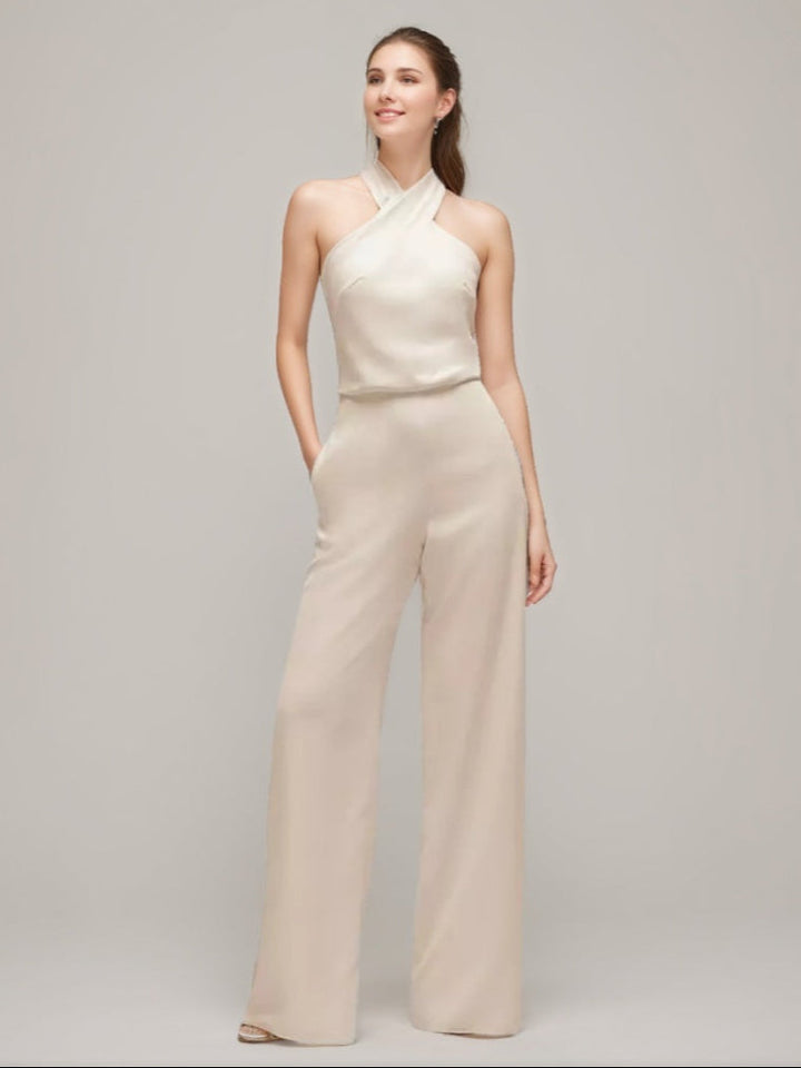 Criss-cross Licou Ruché Sans Manches Wedding Guest Jumpsuit avec Self-tie Bow & Les Poches