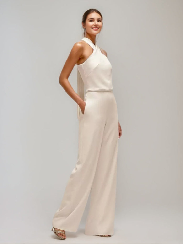 Criss-cross Licou Ruché Sans Manches Wedding Guest Jumpsuit avec Self-tie Bow & Les Poches