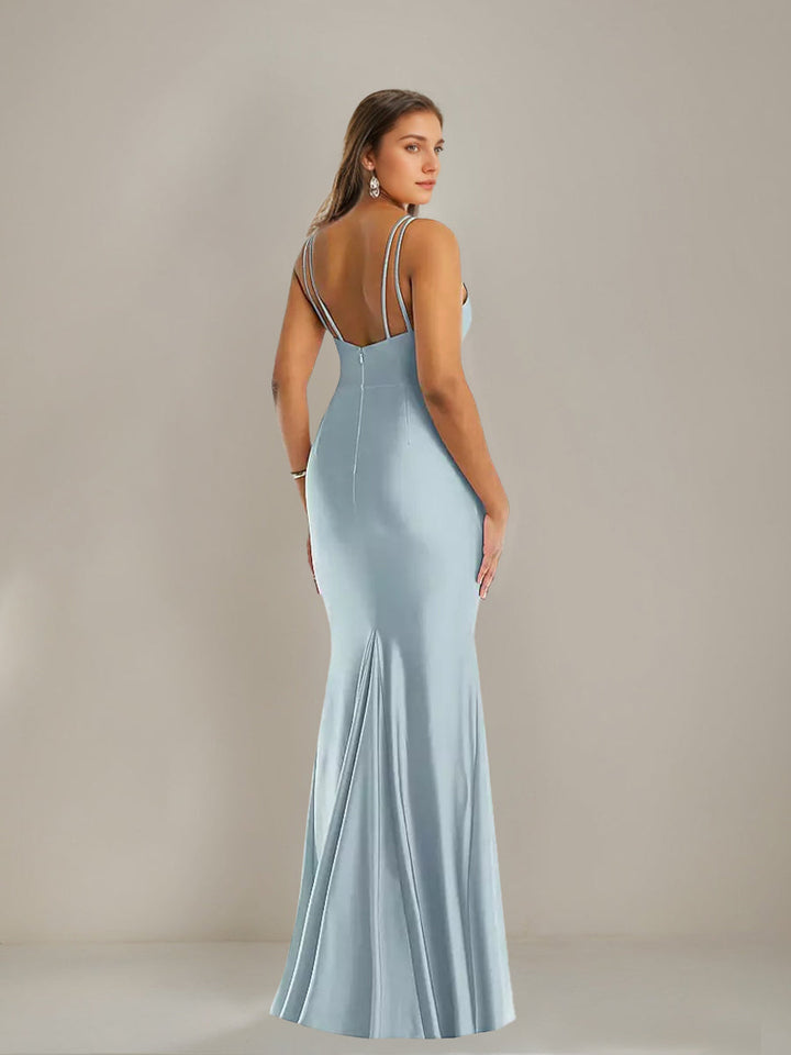 Trompette/Sirène Bretelles Spaghetti Deep Col en V Ruché Robes d'Invité de Mariage avec Plis & Slit