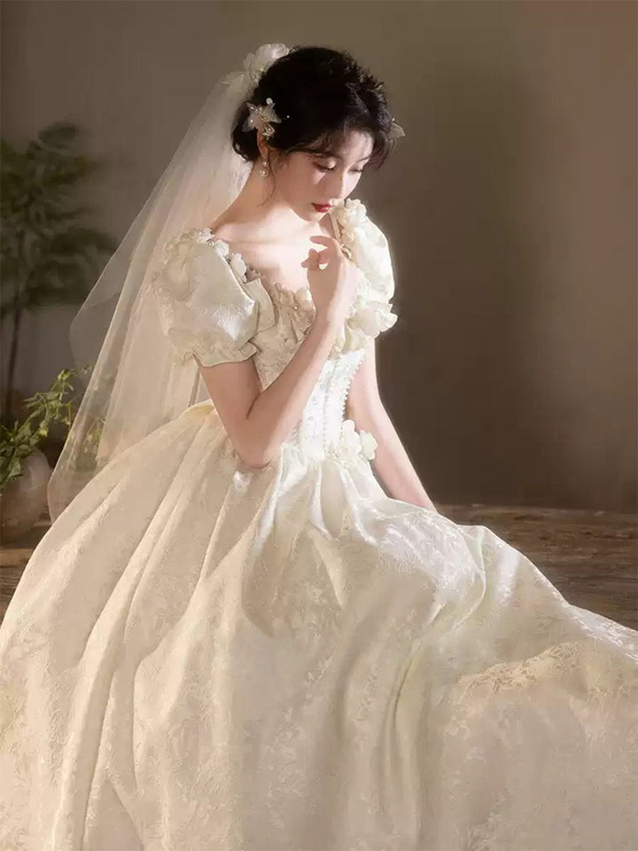 Ligne A/Princesse Bretelles Spaghetti Puff Sleeves Robes de Mariée avec Broderie & 3D Fleurs & Dentelle-up & Perles & Dentelle