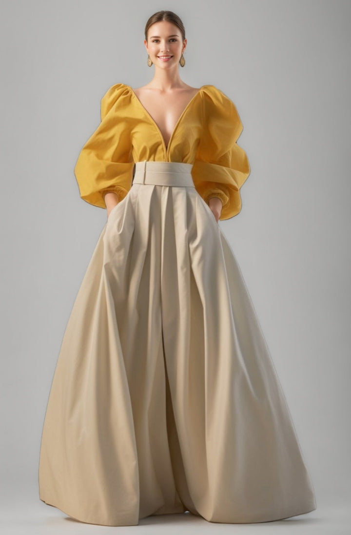 Jupe Bouffante Two-Tone Puff Sleeves Deep Col en V La Longueur du Sol Robes d'Invité de Mariage avec Plis & Ceinture & Les Poches