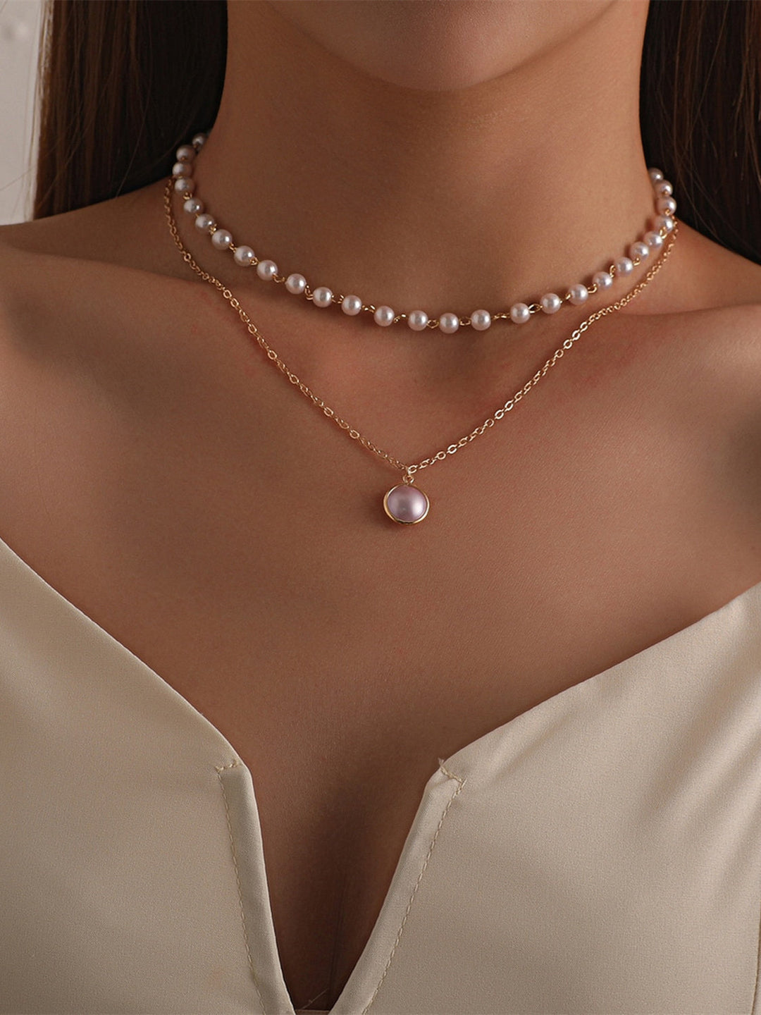 Collier en Imitation de Perles Chromées pour Mariage, Saint-Valentin, Collier Double Couche Quotidien, Bijoux de Mariage