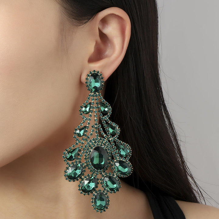 Boucles D'Oreilles Pendantes de Luxe en Strass Vert Émeraude Rétro en Forme D'Ellipse