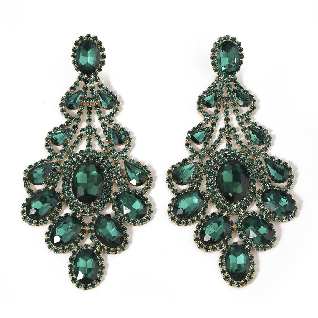 Boucles D'Oreilles Pendantes de Luxe en Strass Vert Émeraude Rétro en Forme D'Ellipse