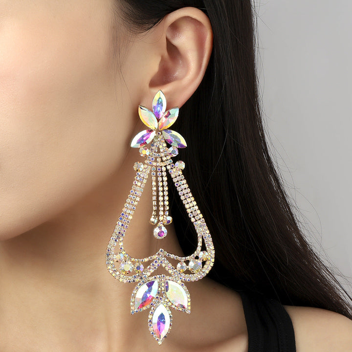 Boucles D'Oreilles Pendantes Exagérées en Forme de Cœur et de Fleur en Diamant