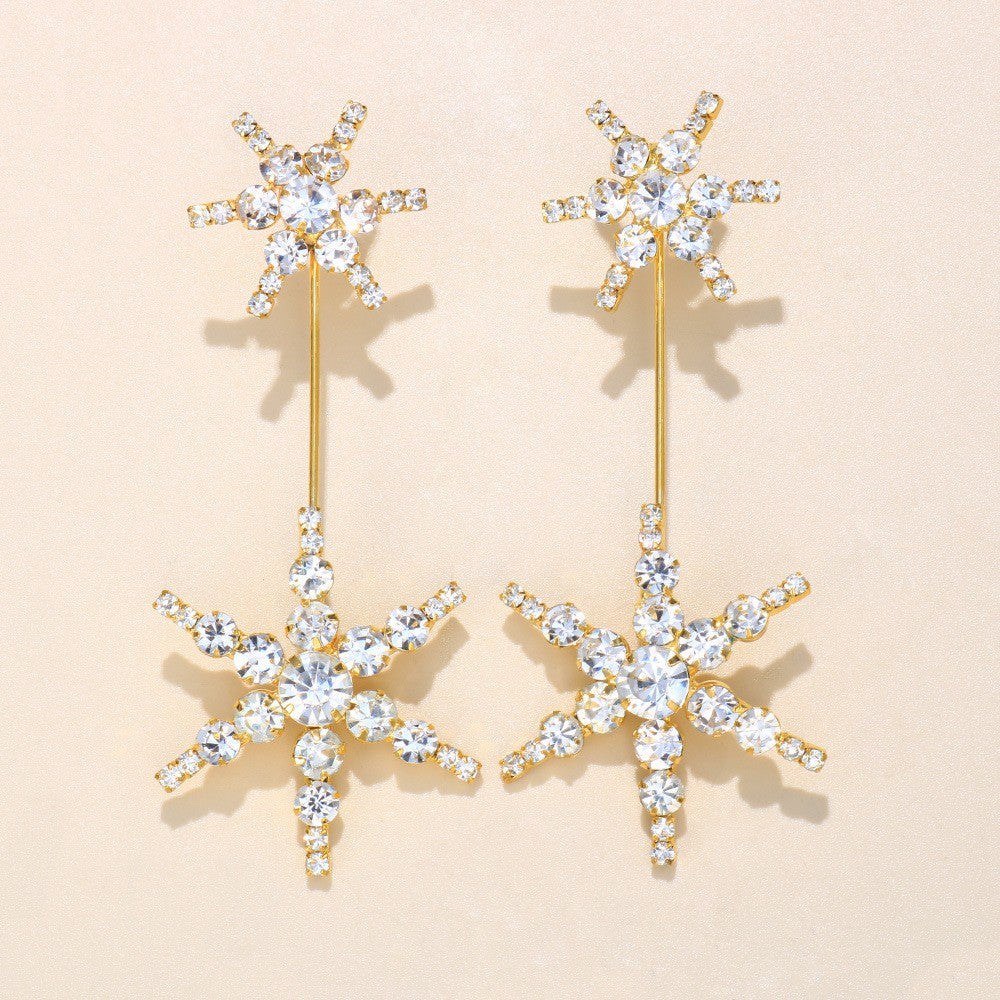 Boucles D'Oreilles Élégantes Haut de Gamme en Strass Doré à Hexagramme Tendance
