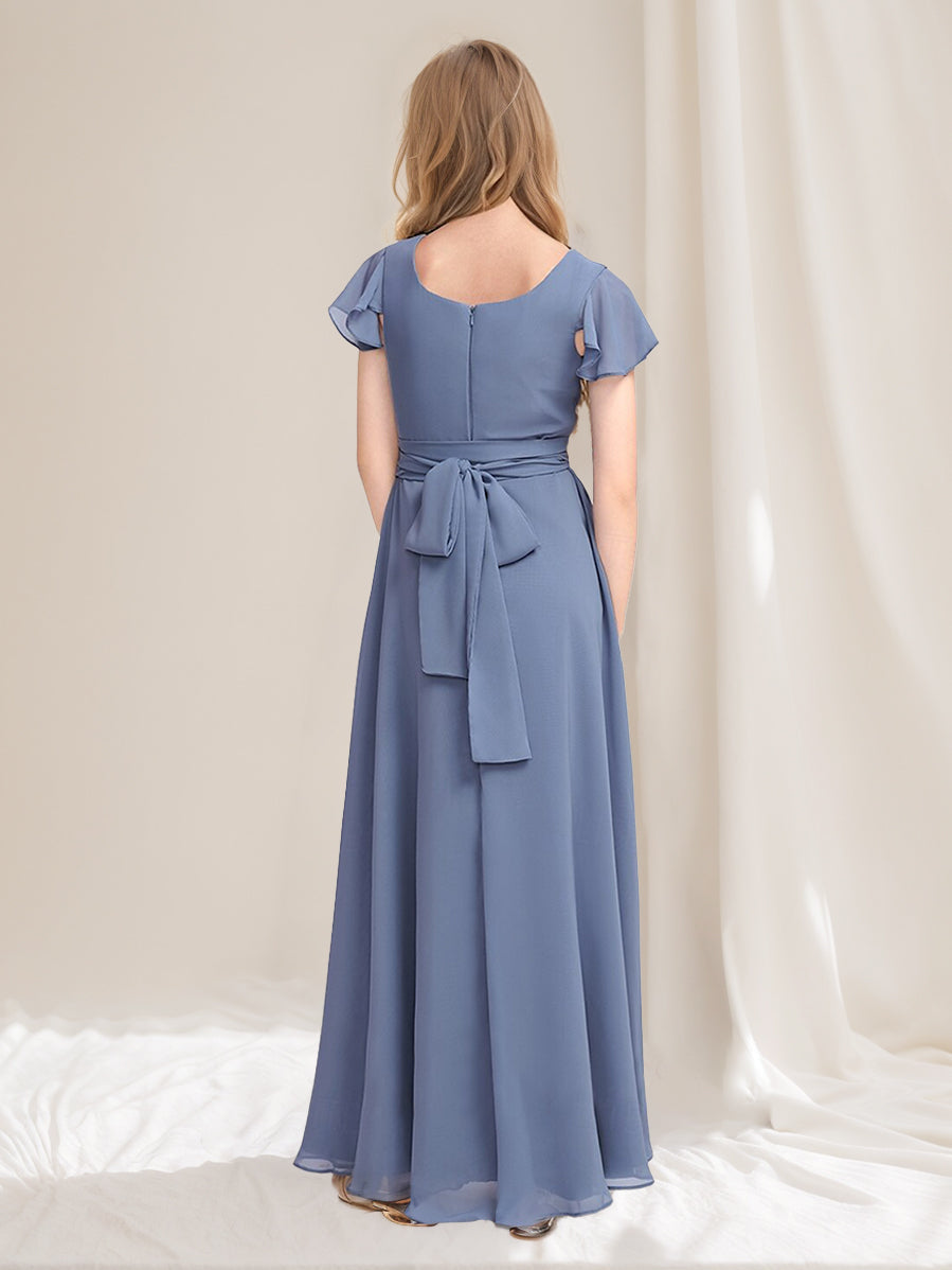 Robe de Demoiselle D'Honneur Junior à Volants, Coupe A-Line/Princess, Col Carré, Manches Courtes