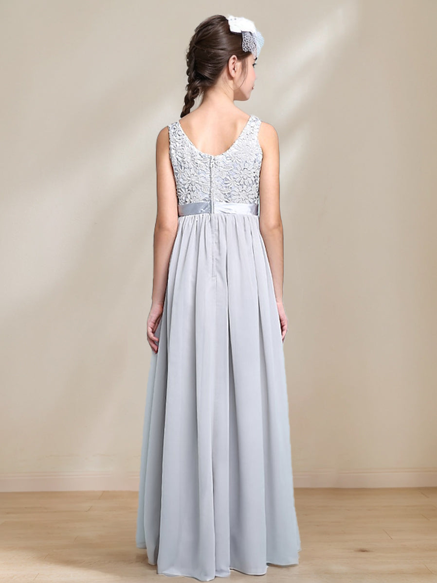 Robe de Demoiselle D'Honneur Junior Fille Sans Manches à Col Rond et Coupe A-Line/Princess avec Appliques en Dentelle