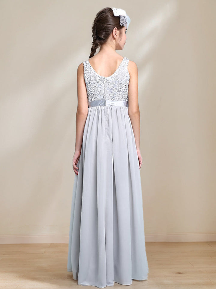 Robe de Demoiselle D'Honneur Junior Fille Sans Manches à Col Rond et Coupe A-Line/Princess avec Appliques en Dentelle