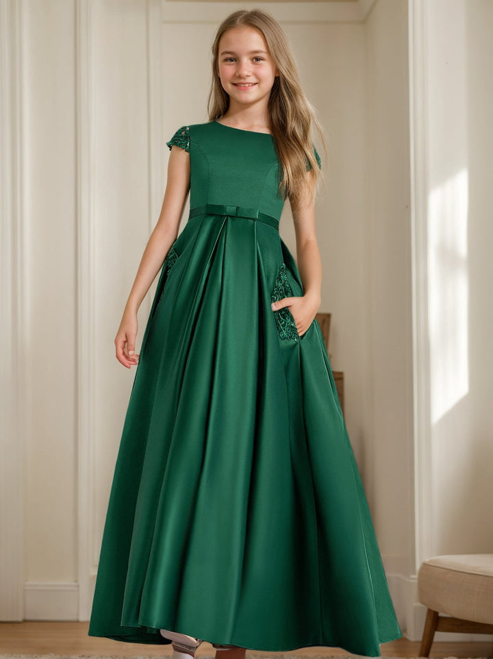 Robes de Demoiselle D'Honneur Junior en Dentelle à Manches Courtes de Forme A-Line/Princess avec Appliques