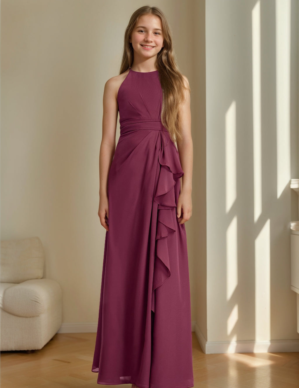 Robe de Demoiselle D'Honneur Junior à Volants Sans Manches, Coupe A-Line/Princess, Croisée, avec Ceinture