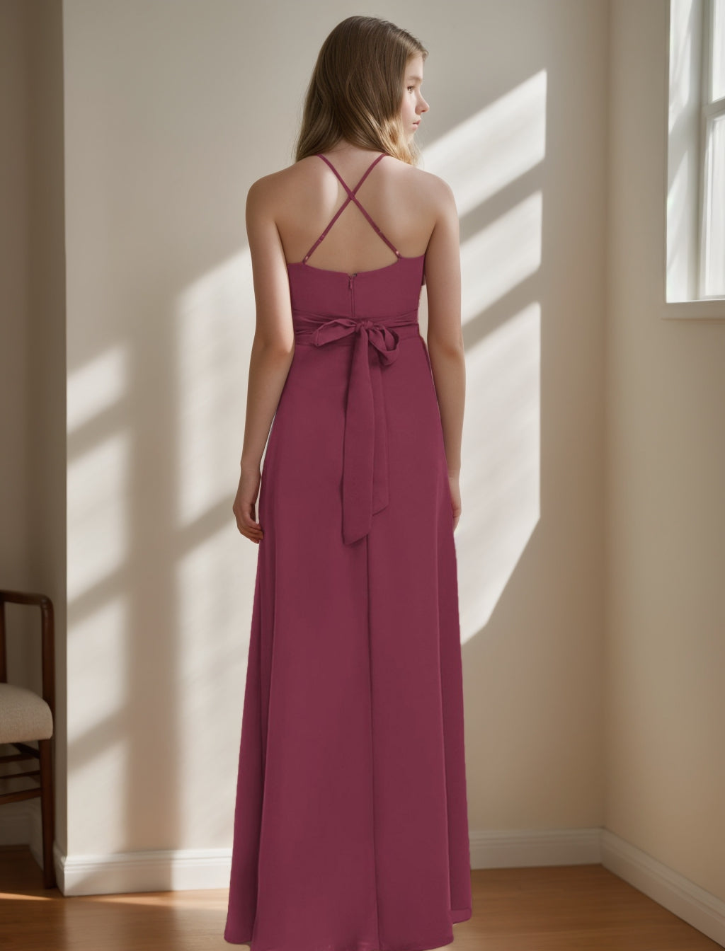 Robe de Demoiselle D'Honneur Junior à Volants Sans Manches, Coupe A-Line/Princess, Croisée, avec Ceinture