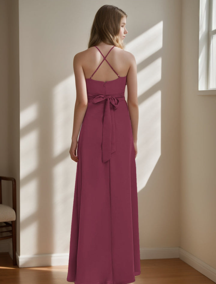 Robe de Demoiselle D'Honneur Junior à Volants Sans Manches, Coupe A-Line/Princess, Croisée, avec Ceinture