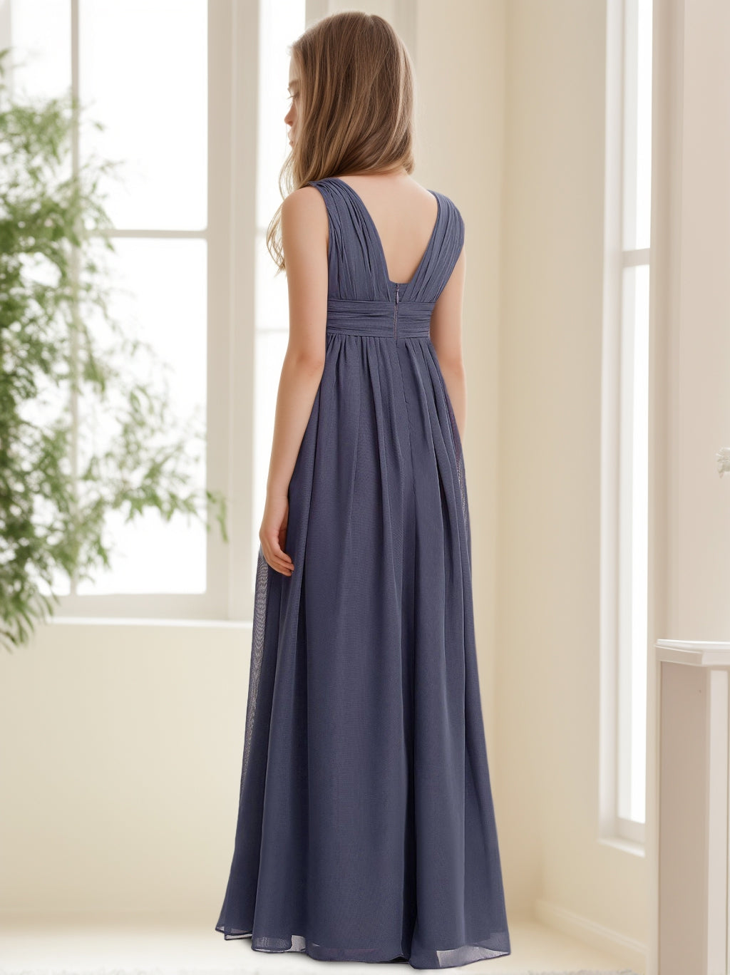 Robe de Demoiselle D'Honneur Junior Fille Sans Manches à Col en V et Coupe Princesse avec Plis