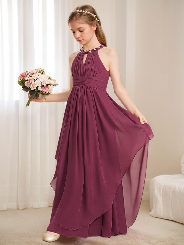 Robe de Demoiselle D'Honneur Junior Fille A-Line/Princess Halter Longueur Au Sol avec Perles