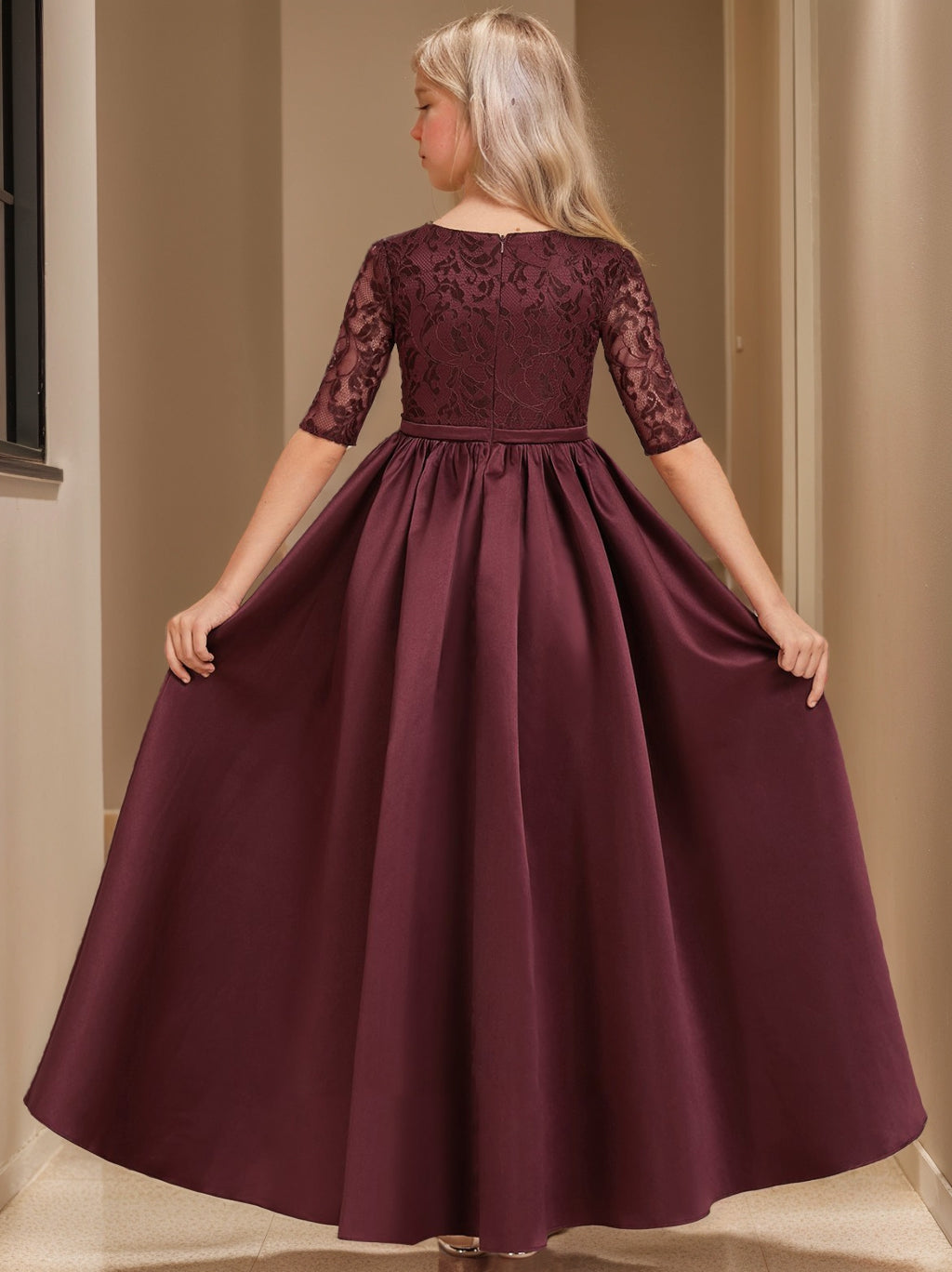 Robe de Demoiselle D'Honneur Junior Fille en Dentelle à Manches Mi-Longues A-Line/Princess