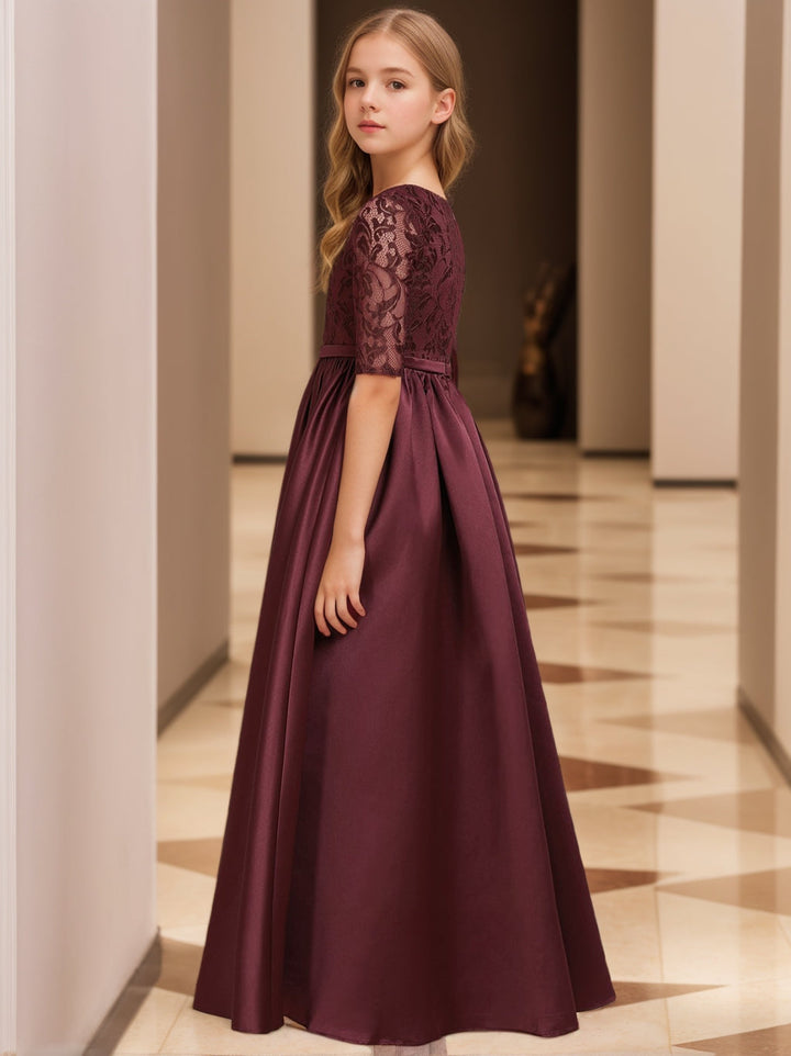 Robe de Demoiselle D'Honneur Junior Fille en Dentelle à Manches Mi-Longues A-Line/Princess
