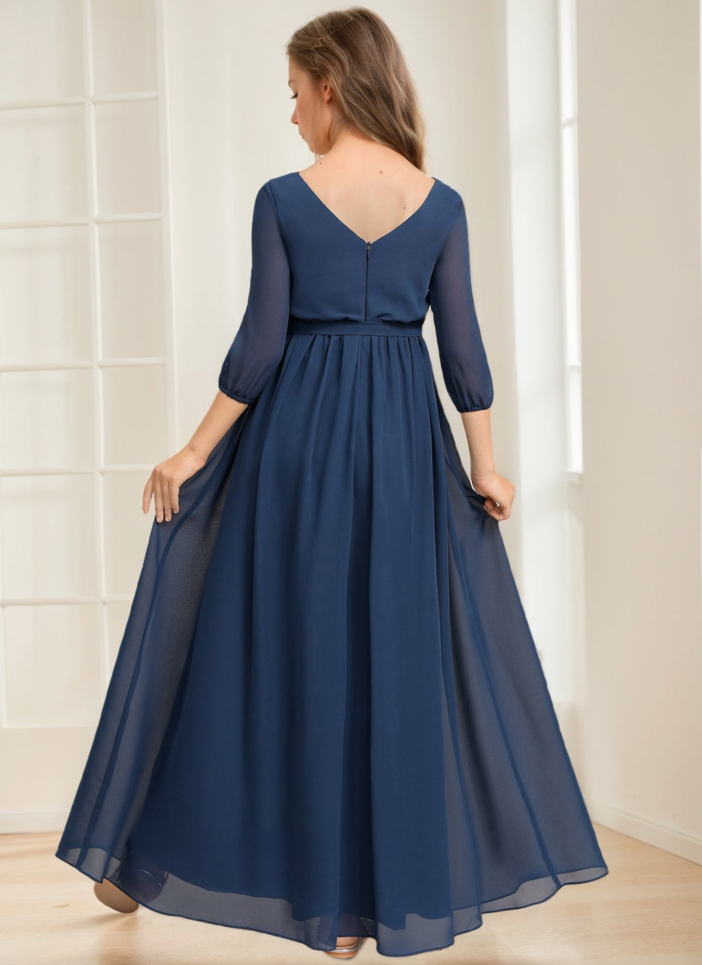 Robe de Demoiselle D'Honneur Junior Fille Coupe A-Line/Princess Col en V Manches 3/4 avec Ceinture