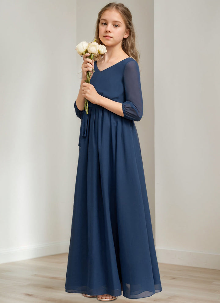 Robe de Demoiselle D'Honneur Junior Fille Coupe A-Line/Princess Col en V Manches 3/4 avec Ceinture
