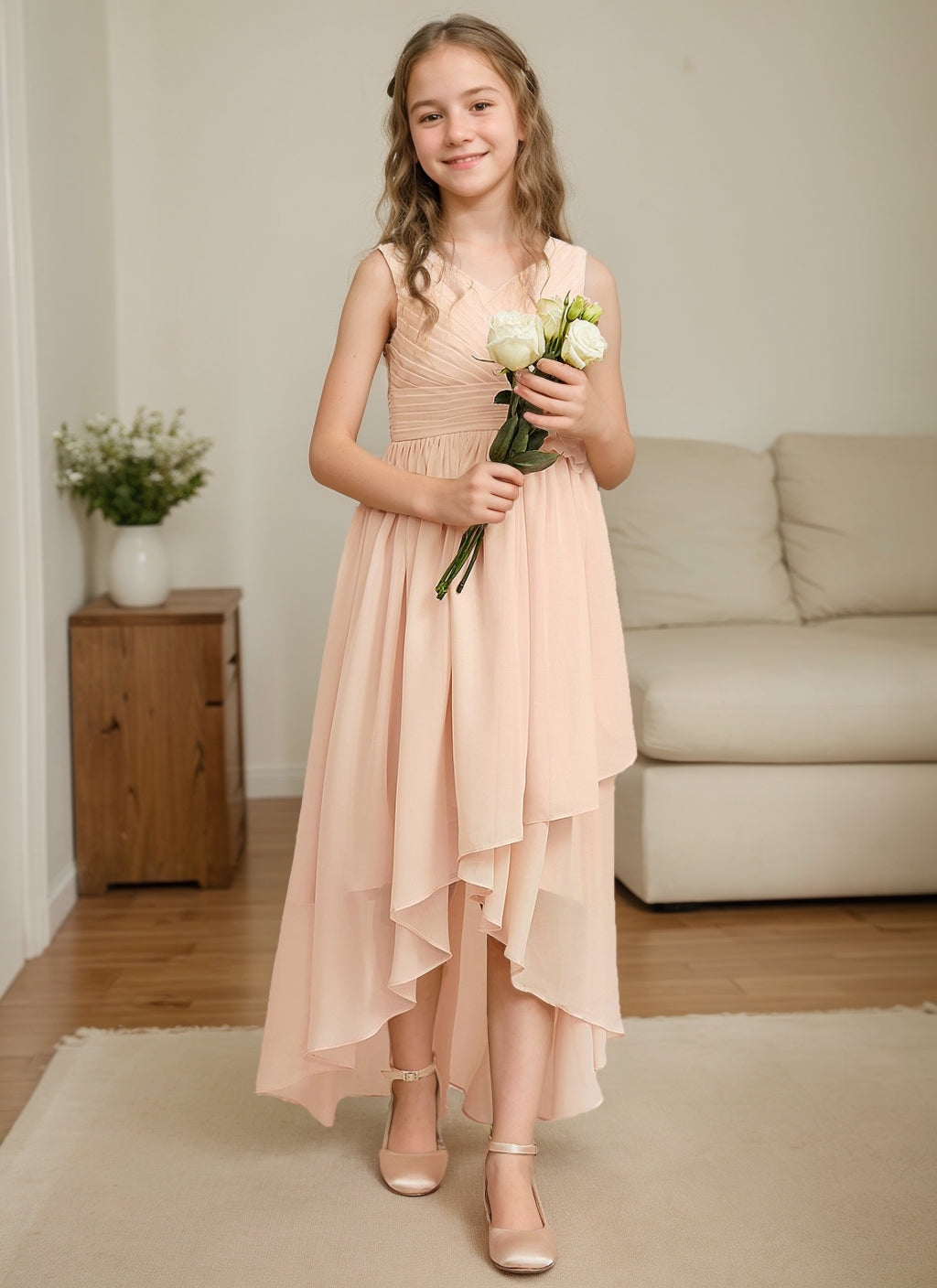 Robe de Demoiselle D'Honneur Junior en Mousseline Plissée Asymétrique à Col en V avec Fleur