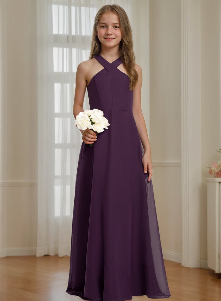Robe de Demoiselle D'Honneur Junior Sans Manches, Coupe A-Line/Princesse, Col Licou, Longueur Au Sol