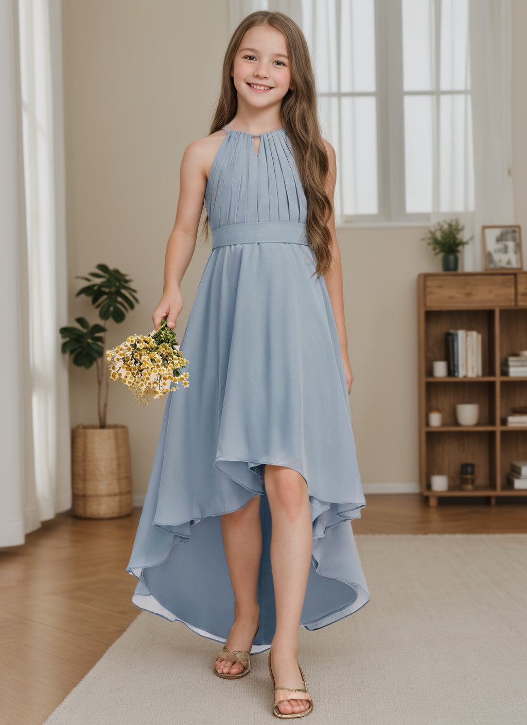 Robe de Demoiselle D'Honneur Junior Asymétrique à Licou et à Plis, Coupe A-Line/Princesse