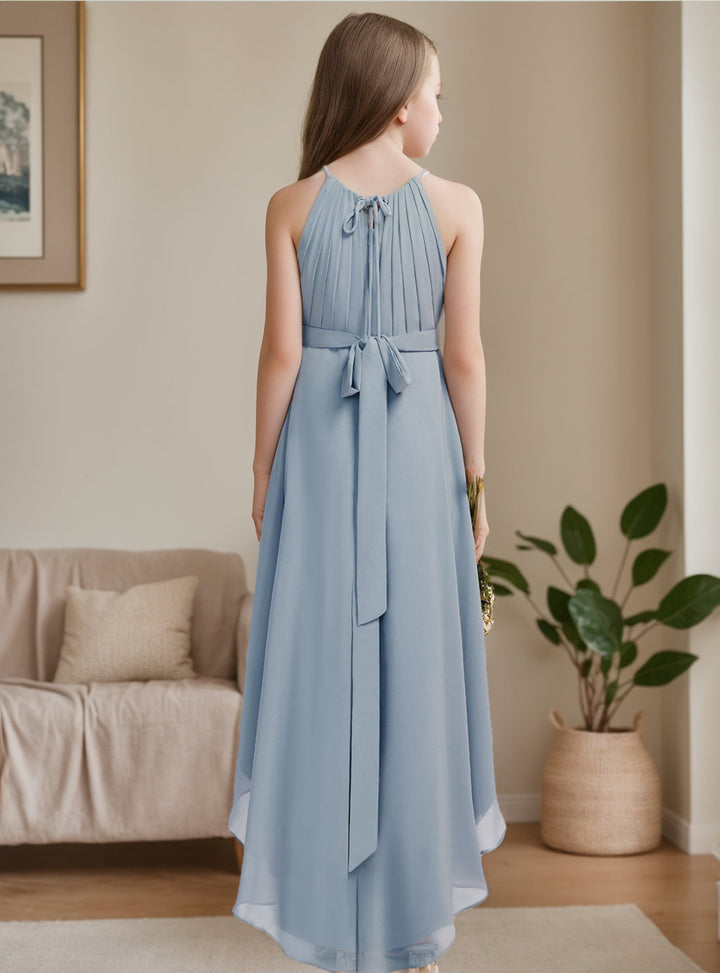 Robe de Demoiselle D'Honneur Junior Asymétrique à Licou et à Plis, Coupe A-Line/Princesse