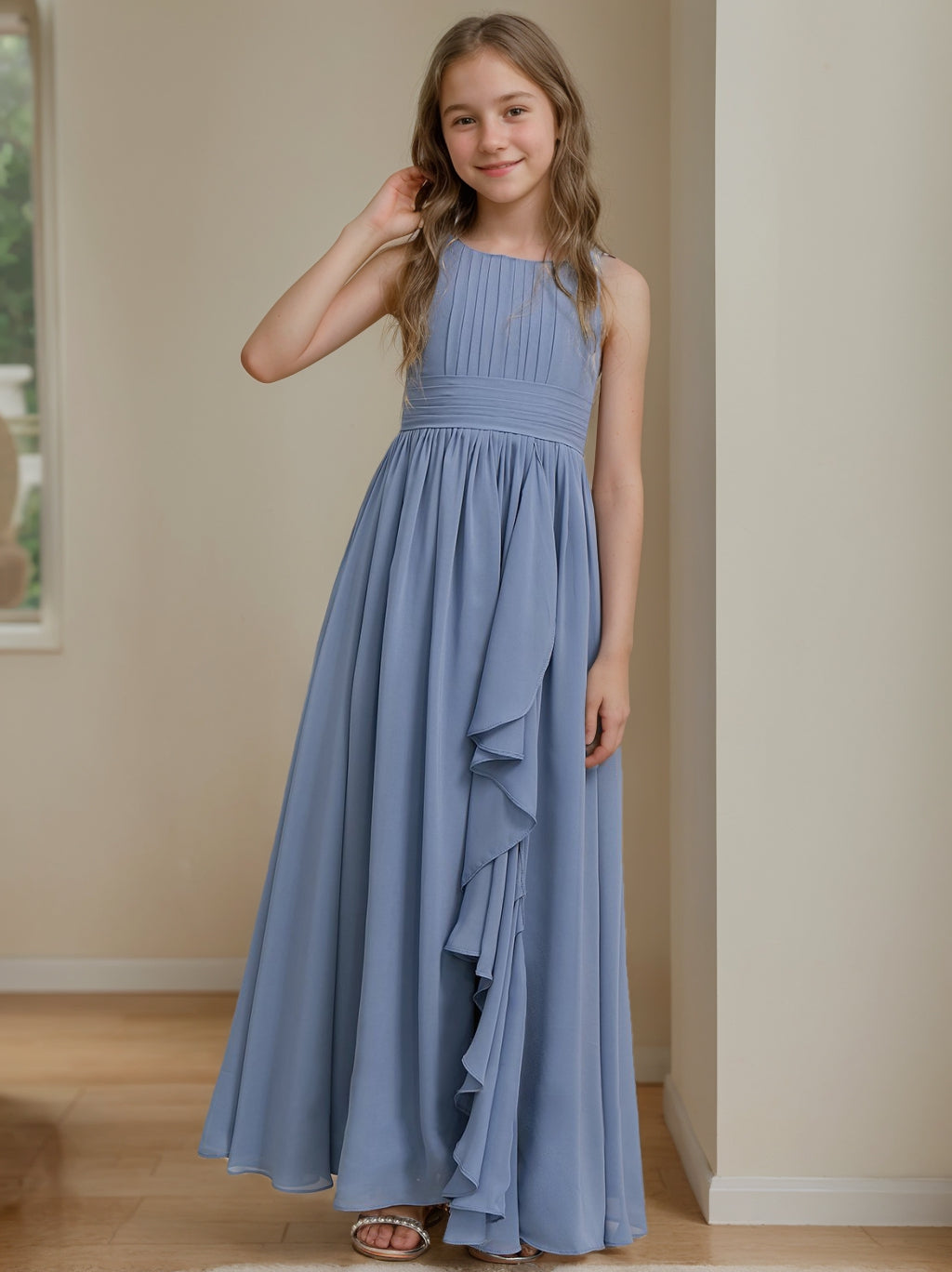 Robe de Demoiselle D'Honneur Junior Sans Manches, Coupe A-Line/Princesse, Longueur Au Sol, avec Volants