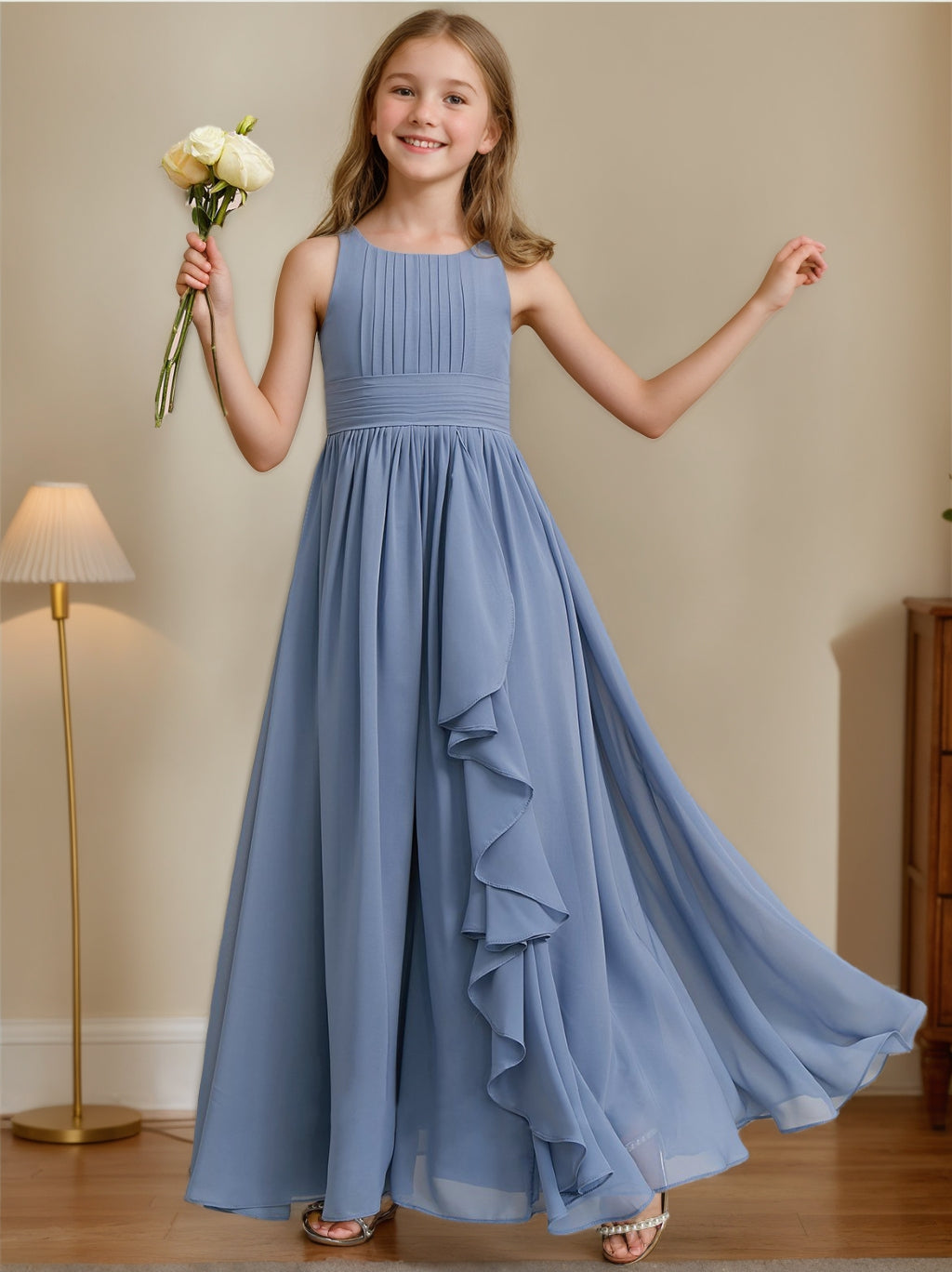 Robe de Demoiselle D'Honneur Junior Sans Manches, Coupe A-Line/Princesse, Longueur Au Sol, avec Volants