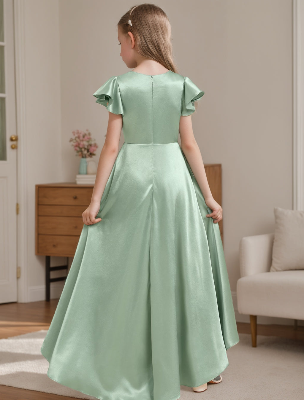 Robe de Demoiselle D'Honneur Junior à Col en V et Manches Courtes, Coupe A-Line/Princesse, avec Plis
