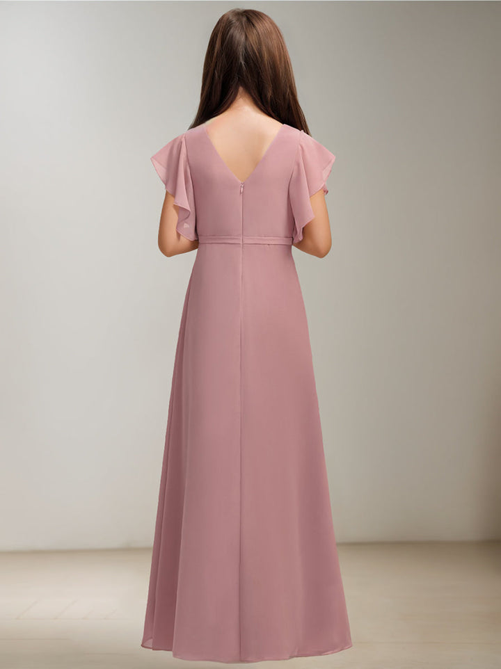 Robe de Demoiselle D'Honneur Junior à Volants, Coupe A-Line/Princesse, Col en V, Manches Courtes